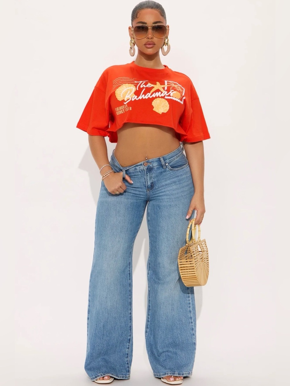 FashionNova Bahamas Postcard Vibrabt Red Cropped Tee, Size L
